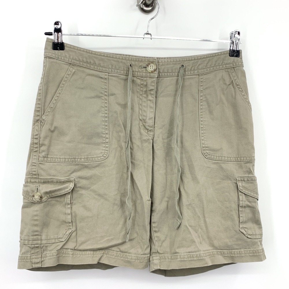 LL Bean Women Size 8 Shorts Green Khaki Canvas Cotton Stretch Cargo High Rise